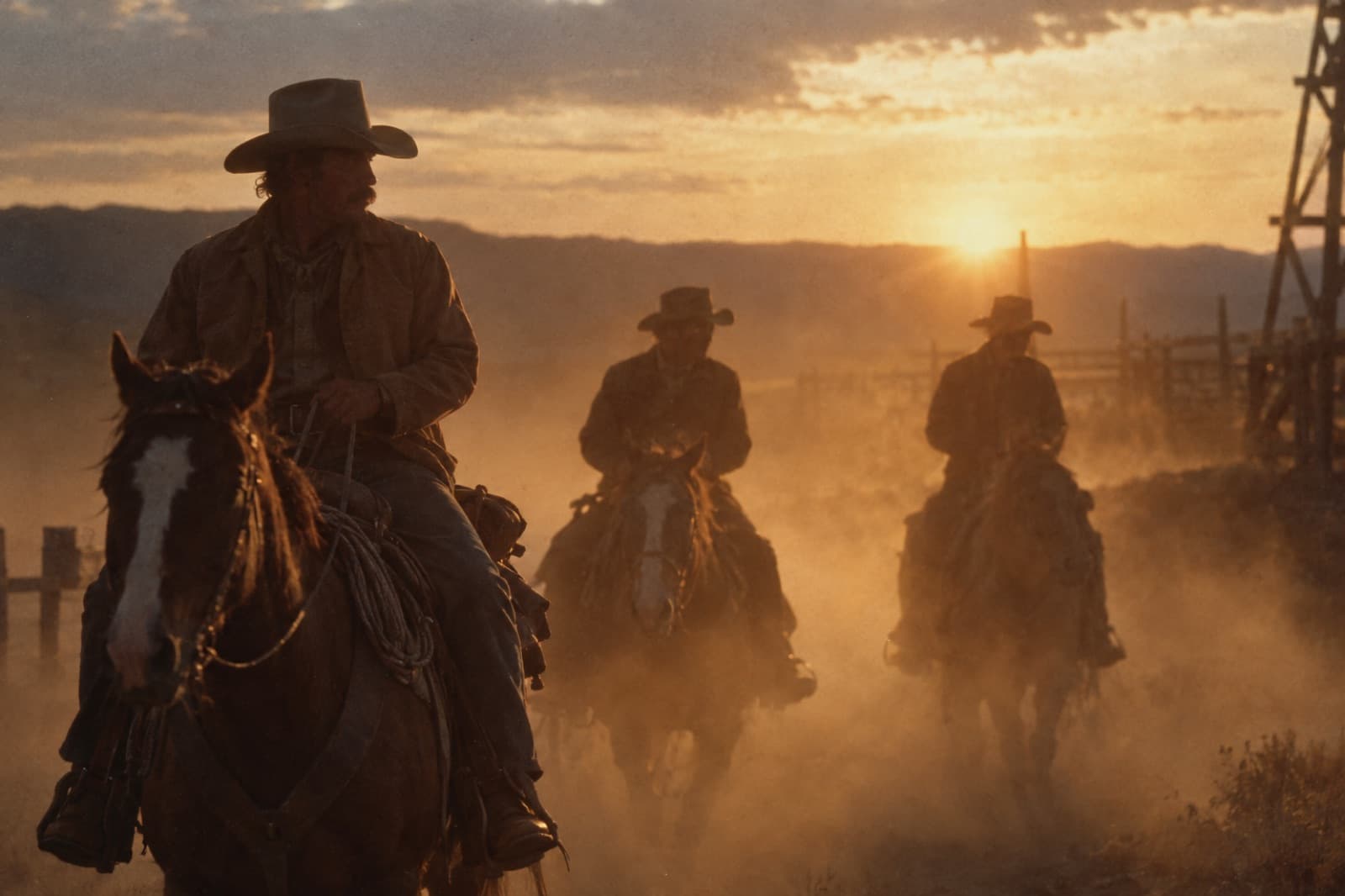 Tres jinetes a contraluz cabalgan hacia la cámara al atardecer, entre polvo dorado.