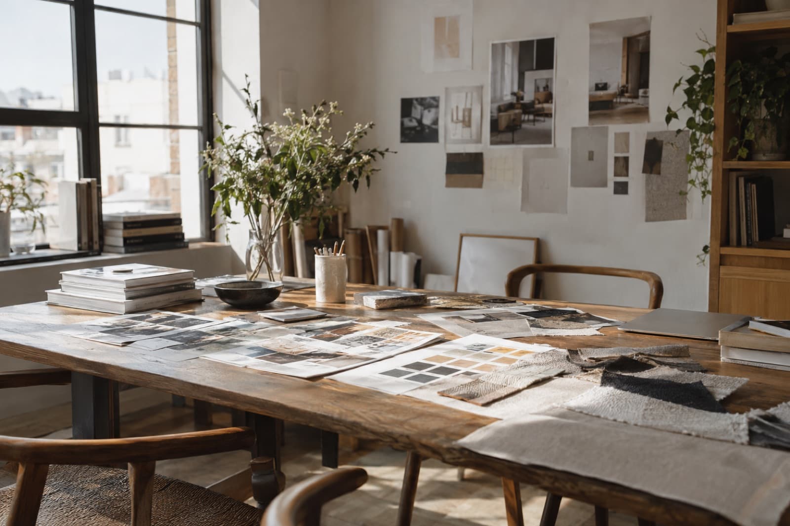 Un estudio con luz de ventana, una mesa llena de fotos impresas y referencias pegadas en la pared.